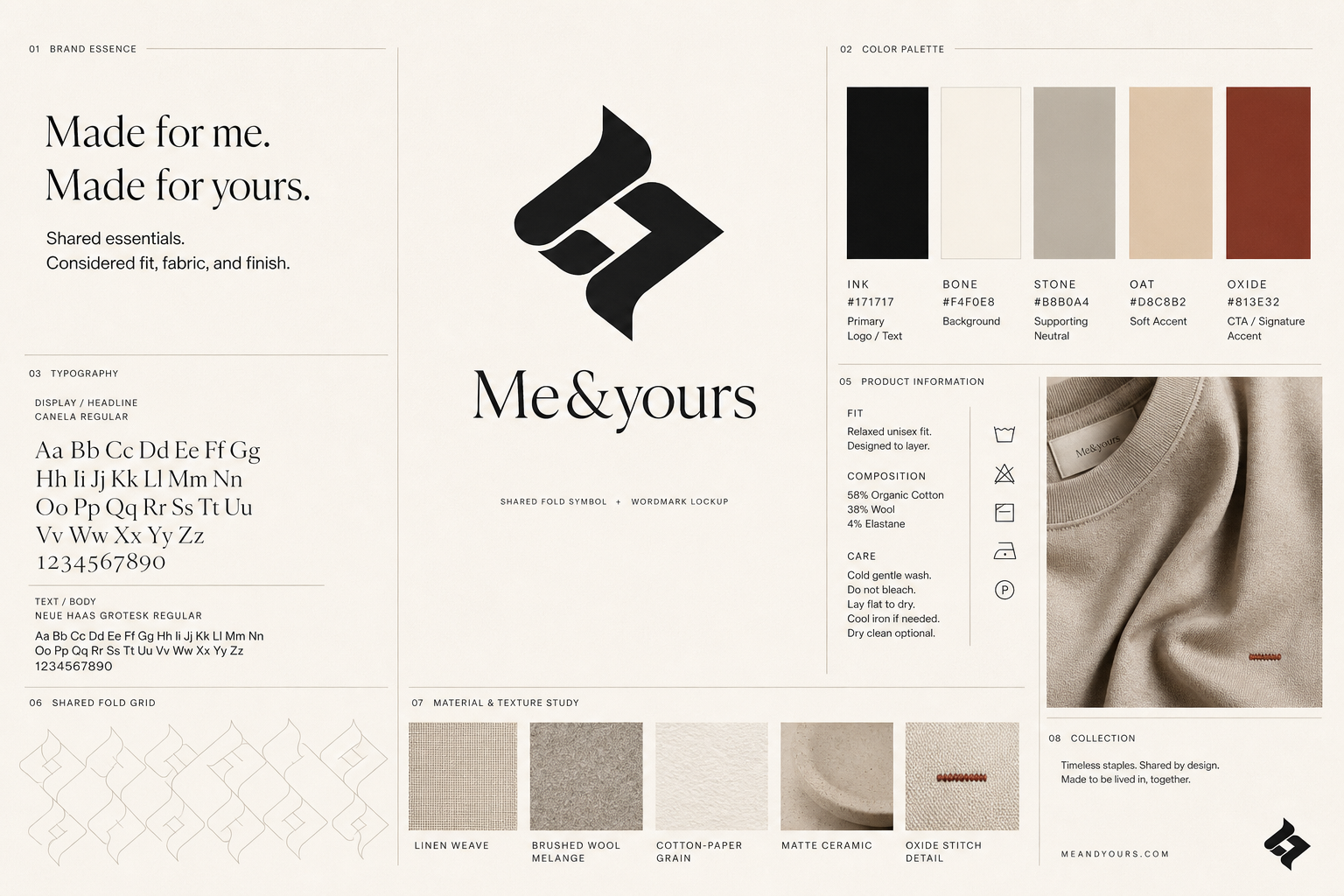 Me&yours brand specimen board — logo, palette, typography, and material studies
