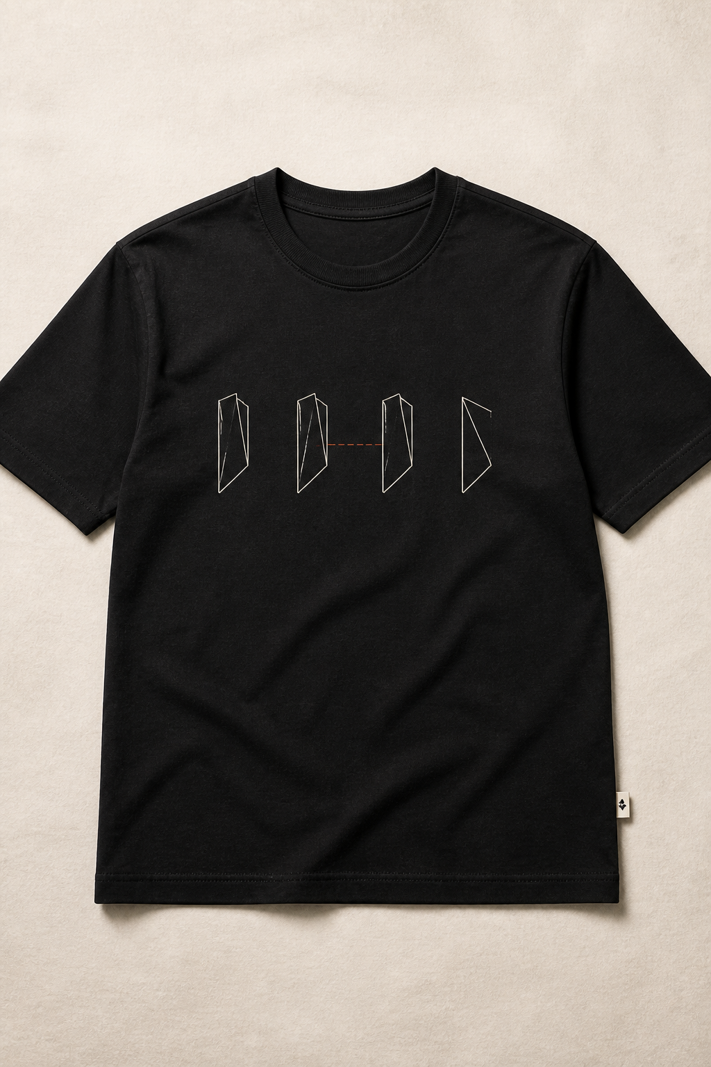 Me&yours The Measure tee — thin line-drawn panels with an oxide dashed rule
